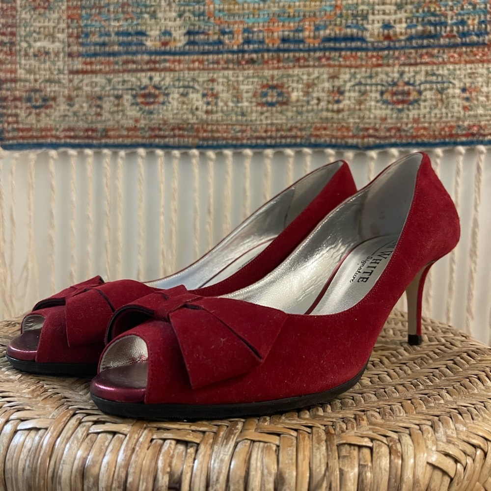 Ron White red suede kitten heels